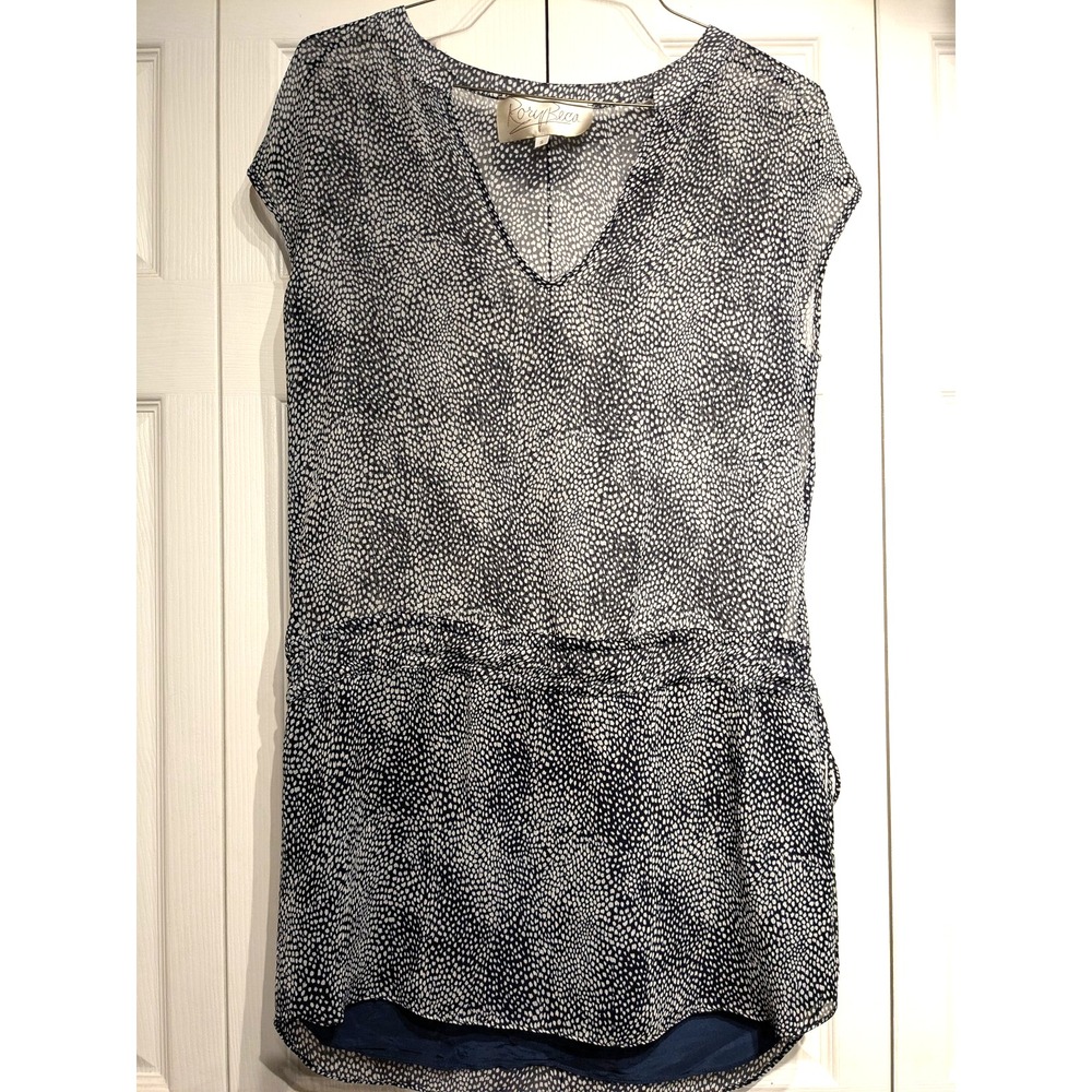 Rory Beca Dress Womens Small Blue White Drawstring Waist Lined Sheer Cap Sleeve